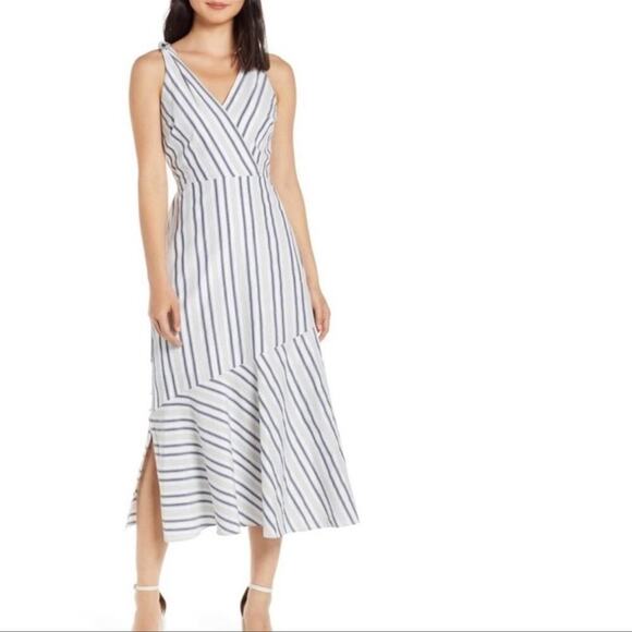 Sam Edelman Blue & Silver Metallic Stripe Flounce Maxi Dress Size XL Sleeveless - Picture 1 of 16